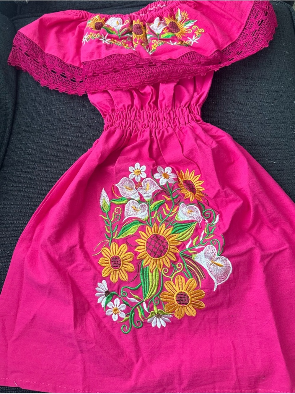 MEXICANA Fuchsia Off-Shoulder Dress with Sunflower Embroidery